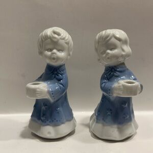 Vintage Ceramic Christmas Carolers Candleholder Set Boy and Girl